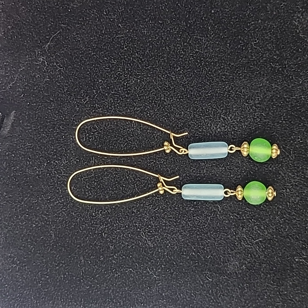 Earrings Green Blue Gold Dangle Lightweight Casual Everyday Spring Upcycled Fun